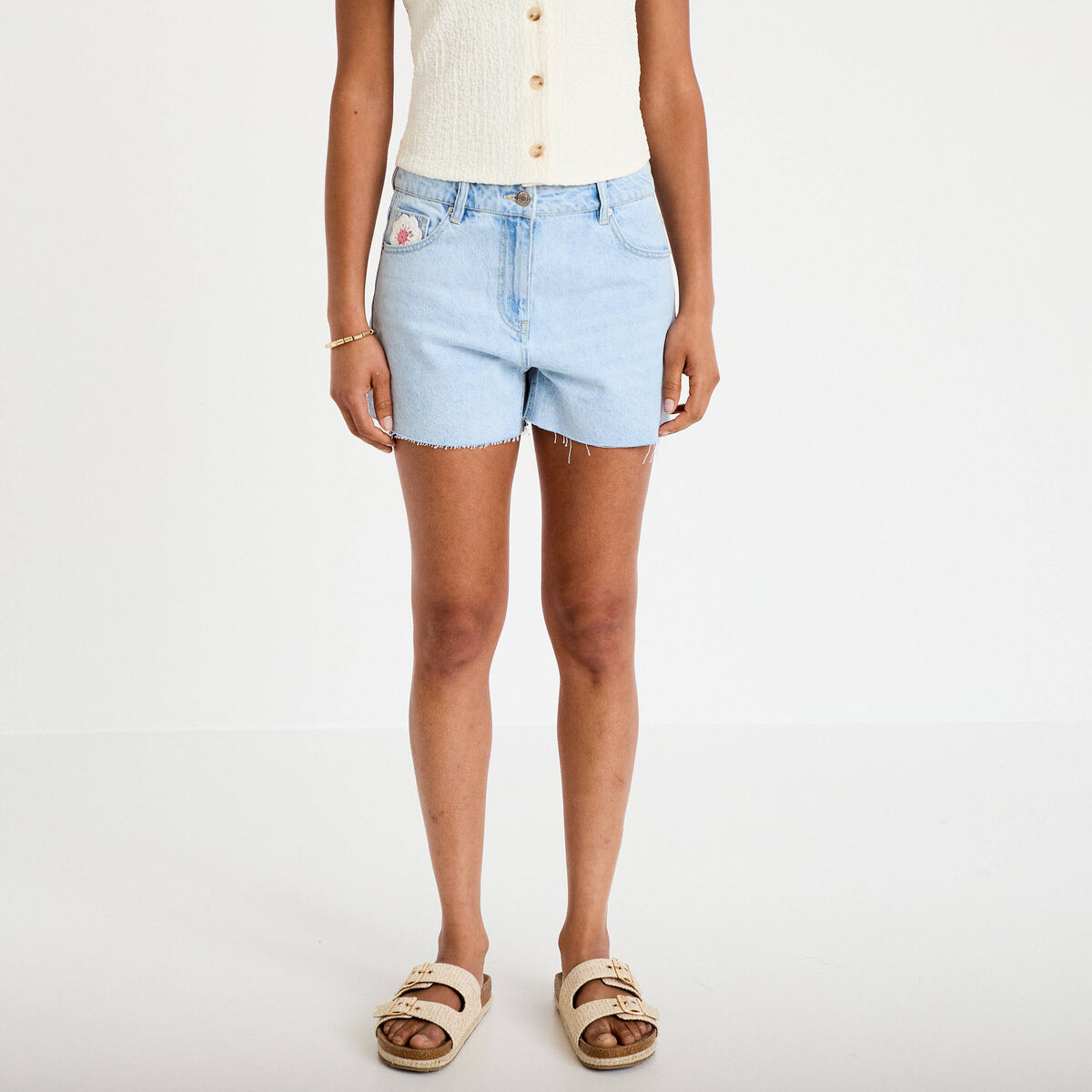 Short en jean taille basse denim bleach femme