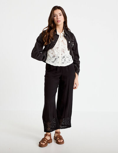 Chemise macram&eacute; manches courtes ecru femme
