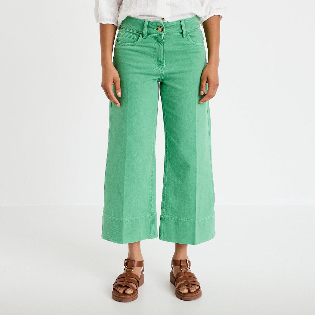 Jean wide leg cropped taille haute vert femme