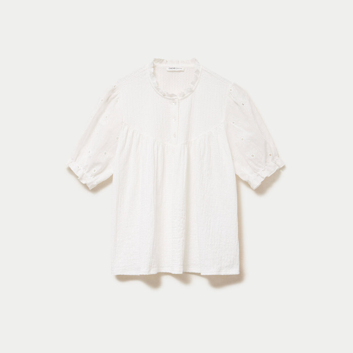 Blouse manches courtes brod&eacute;es ecru femme