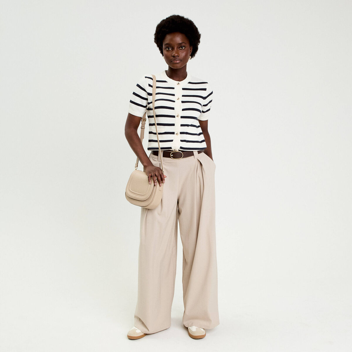 Pantalon large avec ceinture beige femme