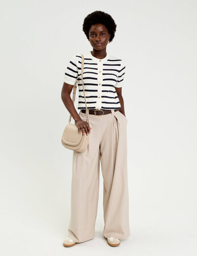 Pantalon large avec ceinture beige femme