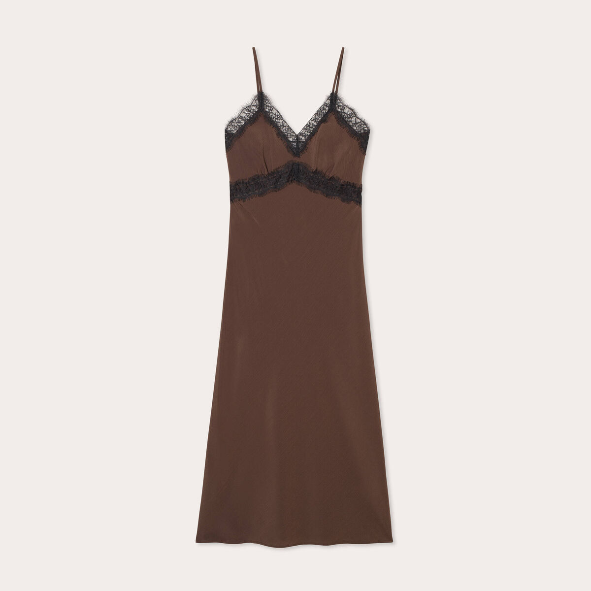 Robe longue ajust&eacute;e dentelle marron fonc&eacute; femme