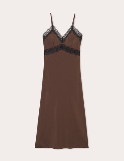 Robe longue ajust&eacute;e dentelle marron fonc&eacute; femme