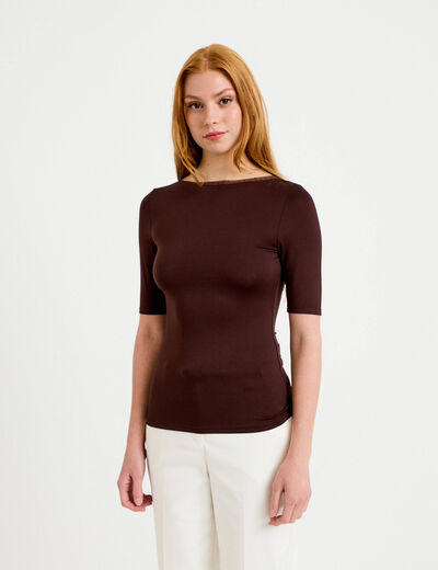 T-shirt ajust&eacute; manches courtes marron fonc&eacute; femme