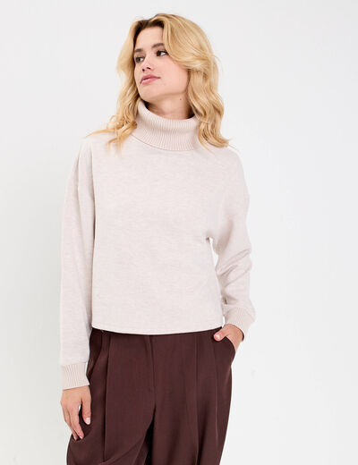 Sweat col roul&eacute; manches longues sable femme