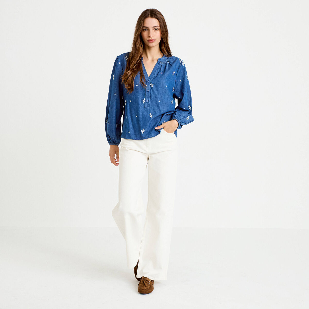 Blouse ample manches longues en jean blanc femme