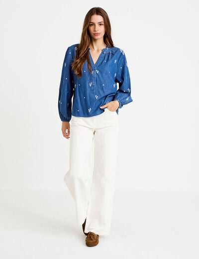 Blouse ample manches longues en jean blanc femme