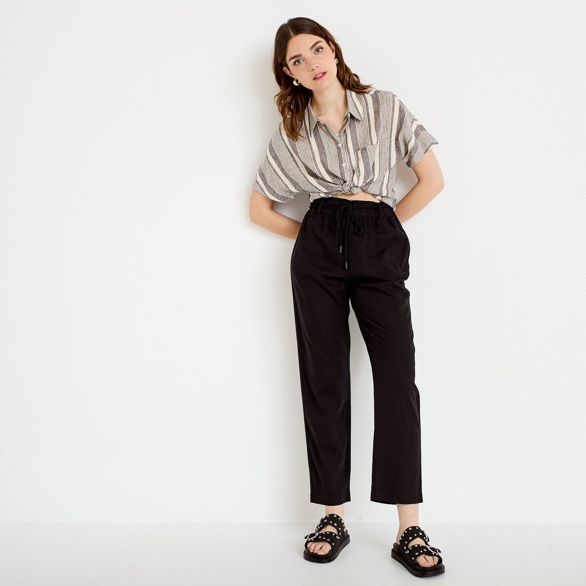Pantalon large 7/8&egrave;me taille haute noir femme