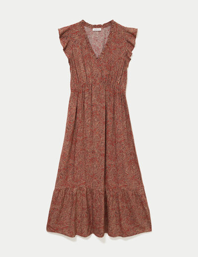Robe longue &eacute;vas&eacute;e col v manches courtes rouge fonc&eacute; femme