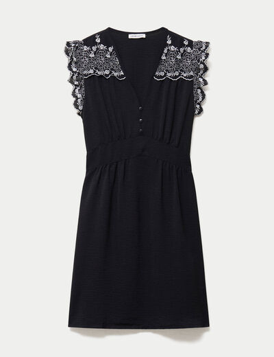 Robe courte &eacute;vas&eacute;e col v manches courtes noir femme