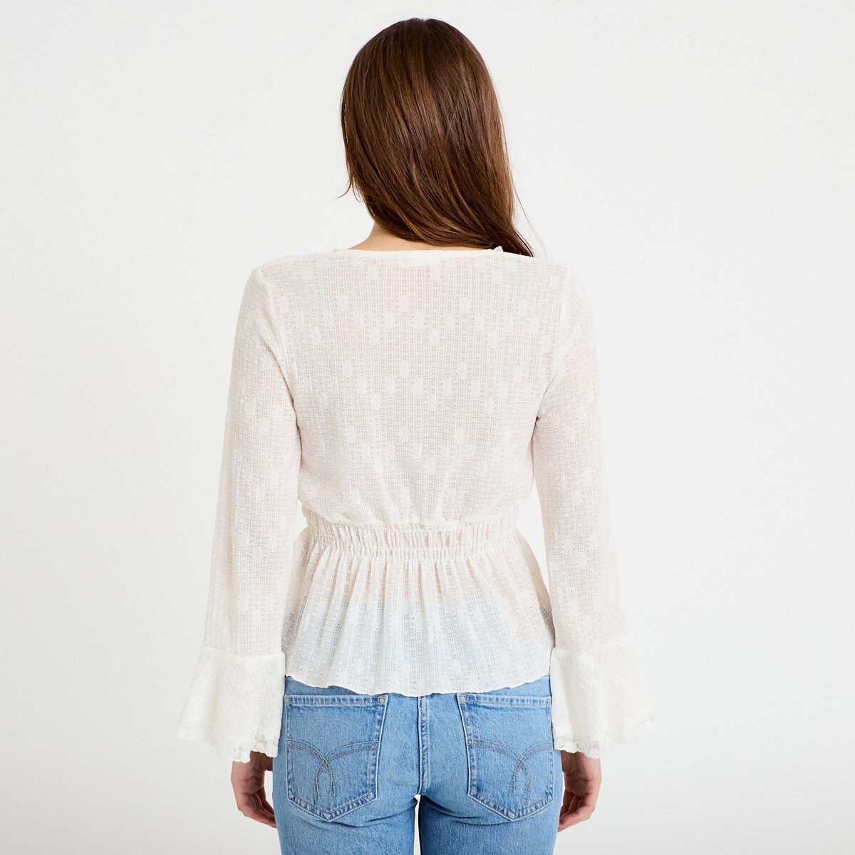 Blouse ajust&eacute;e col v manches longues ecru femme