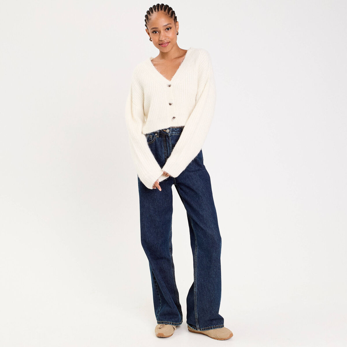 Gilet col v manches longues ecru femme