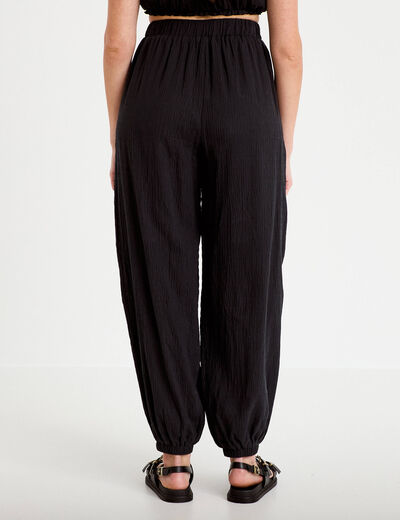 Pantalon large taille haute pliss&eacute; noir femme