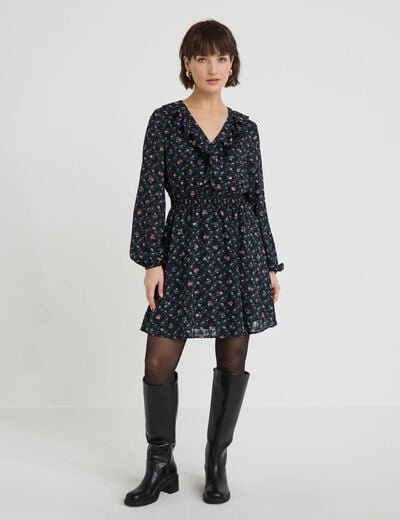 Robe courte &eacute;vas&eacute;e col v manches longues noir femme