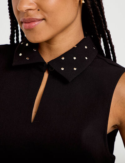 Robe droite courte col chemise clout&eacute;e noir femme