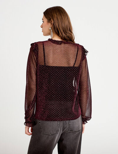 Blouse voile transparent paillet&eacute; violet fonc&eacute; femme