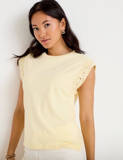D&eacute;bardeur col rond jaune pastel femme
