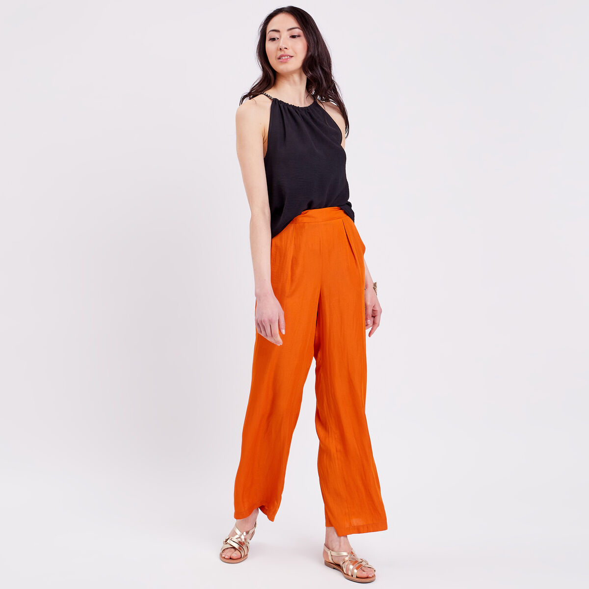 Pantalon city large satin orange femme