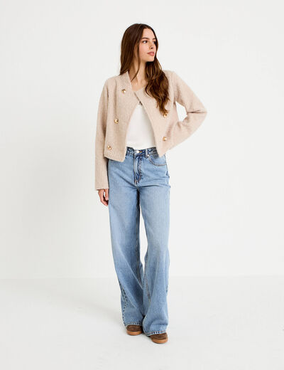 Veste droite cropped effet polaire ivoire femme