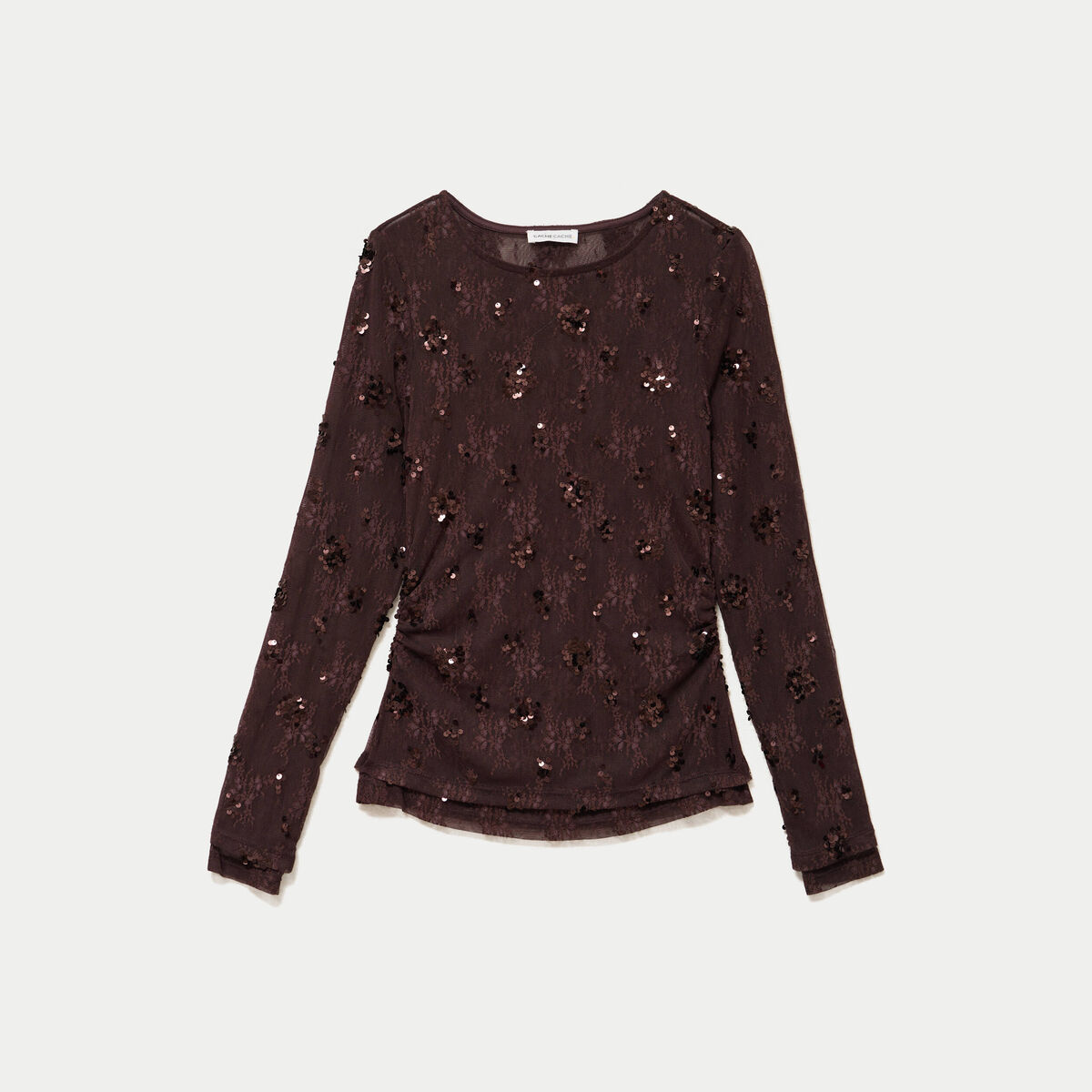 T-shirt ajust&eacute; col rond brod&eacute; perles marron fonc&eacute; femme