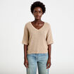 Pull ajour&eacute; col v manches courtes beige femme