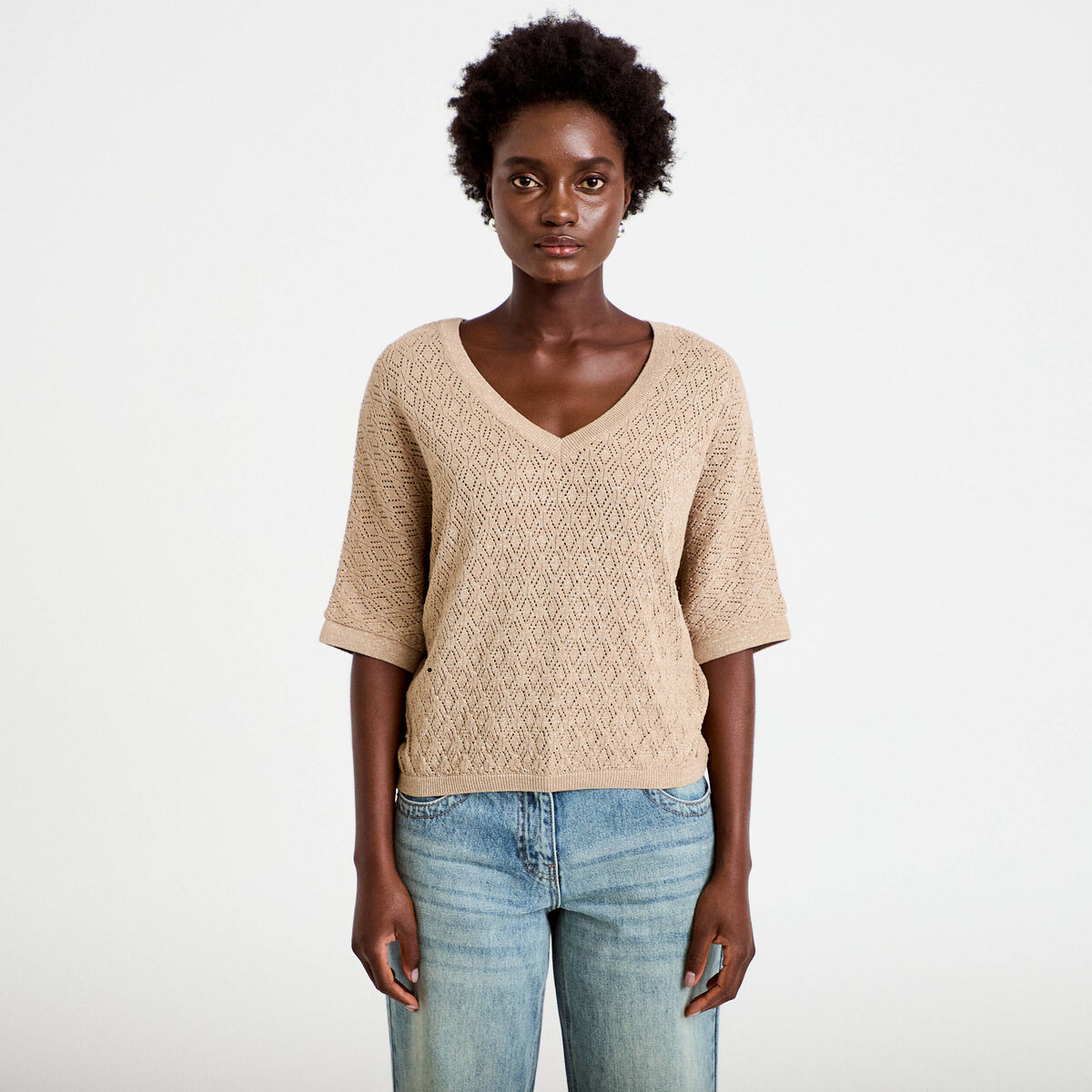 Pull ajour&eacute; col v manches courtes beige femme