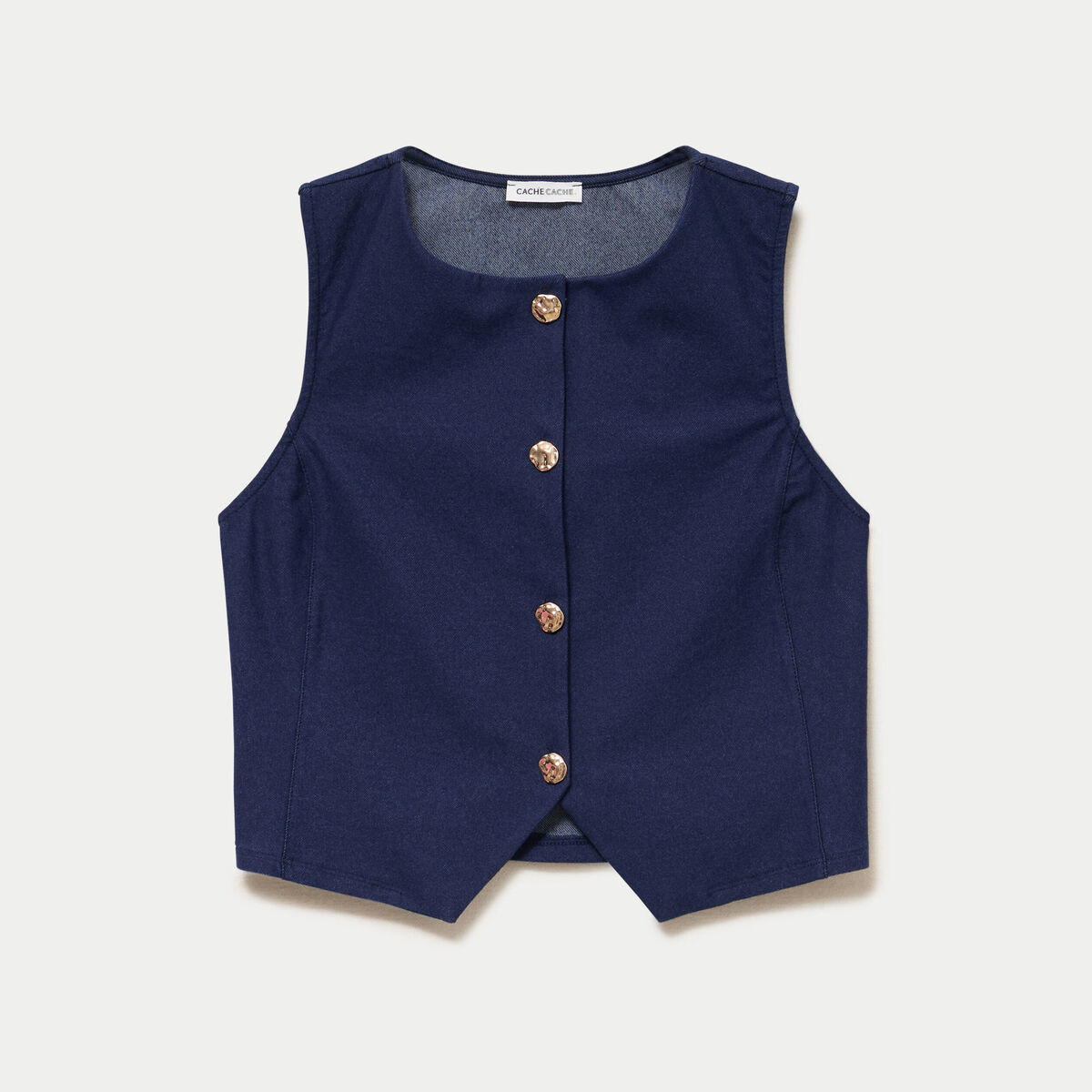 Gilet jean cintr&eacute; cropped sans manches denim brut femme