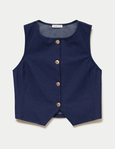 Gilet jean cintr&eacute; cropped sans manches denim brut femme
