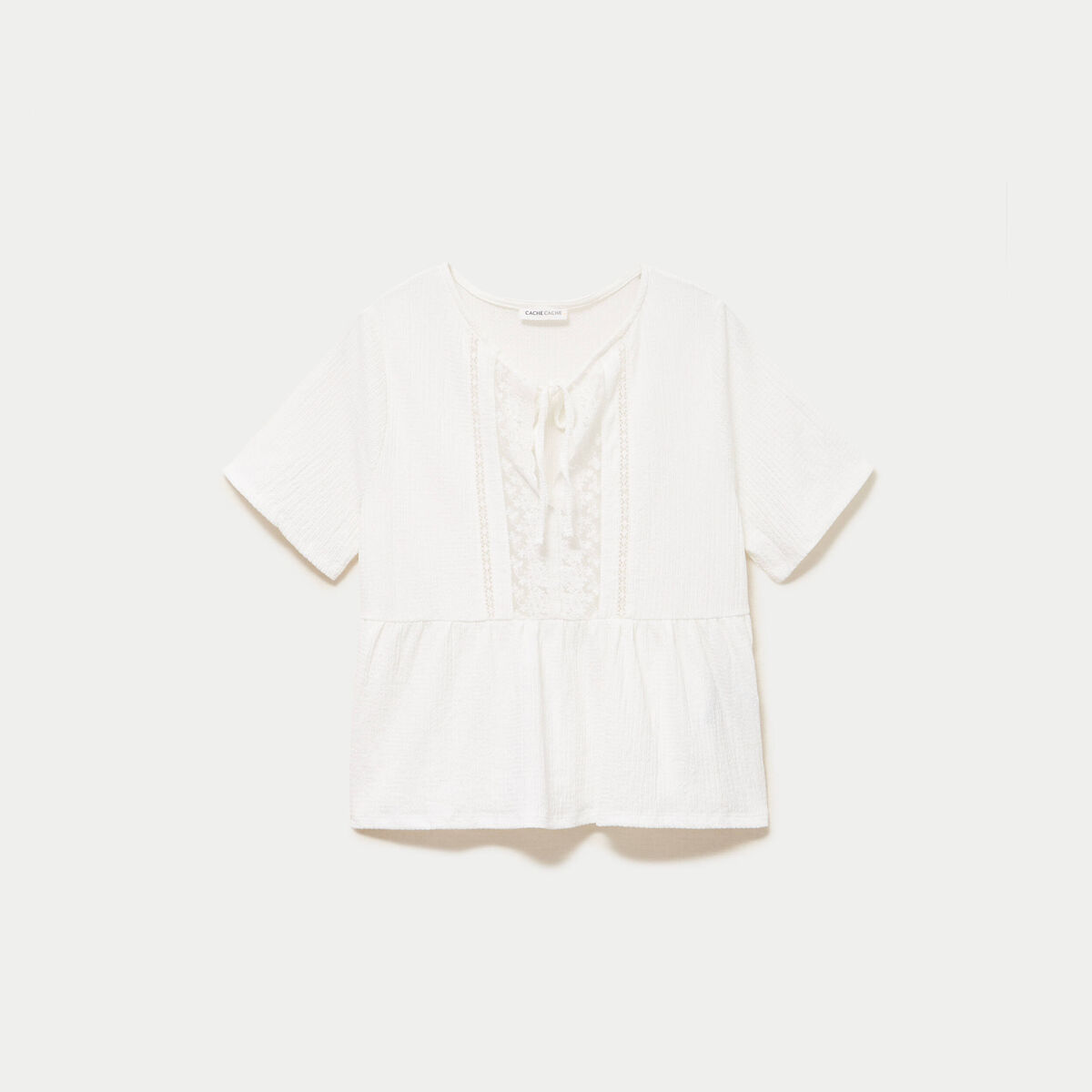 Blouse col v manches courtes dentelle ecru femme