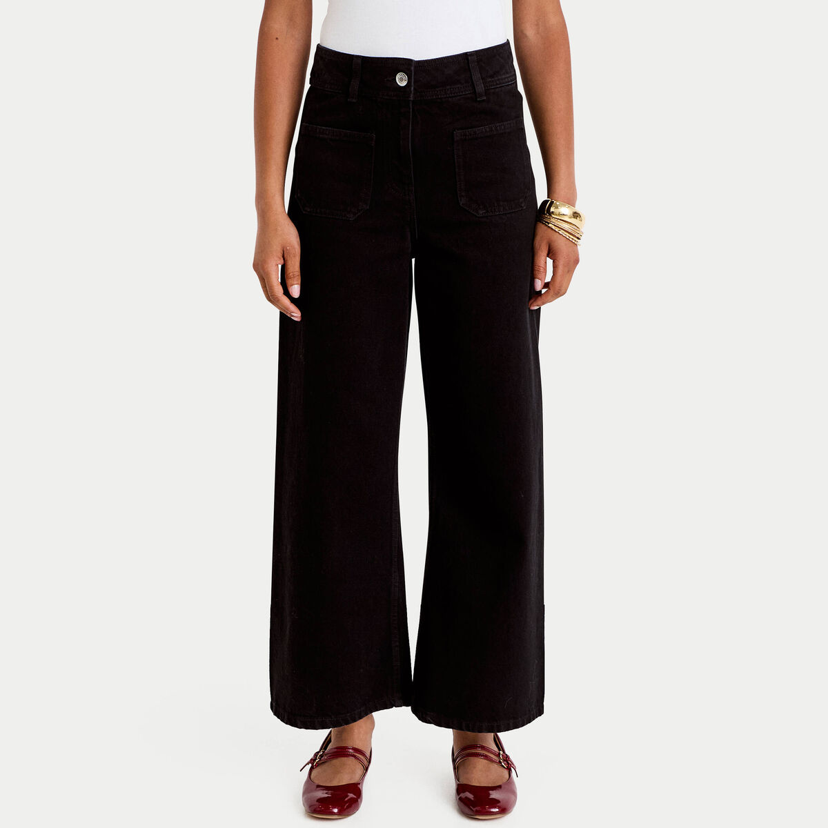Jean wide leg cropped taille haute denim noir femme