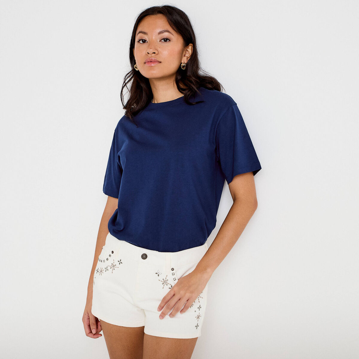 Short en jean avec broderie ecru femme