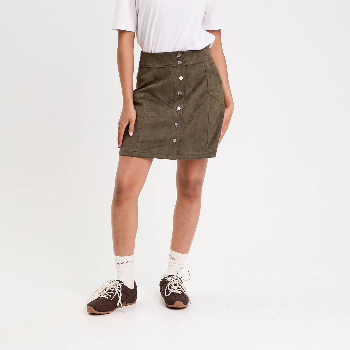 Jupe trap&egrave;ze courte aspect daim vert kaki femme