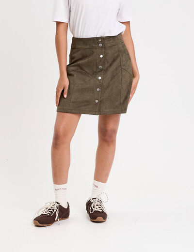 Jupe trap&egrave;ze courte aspect daim vert kaki femme