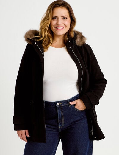 Manteau mi-long &agrave; capuche noir femme