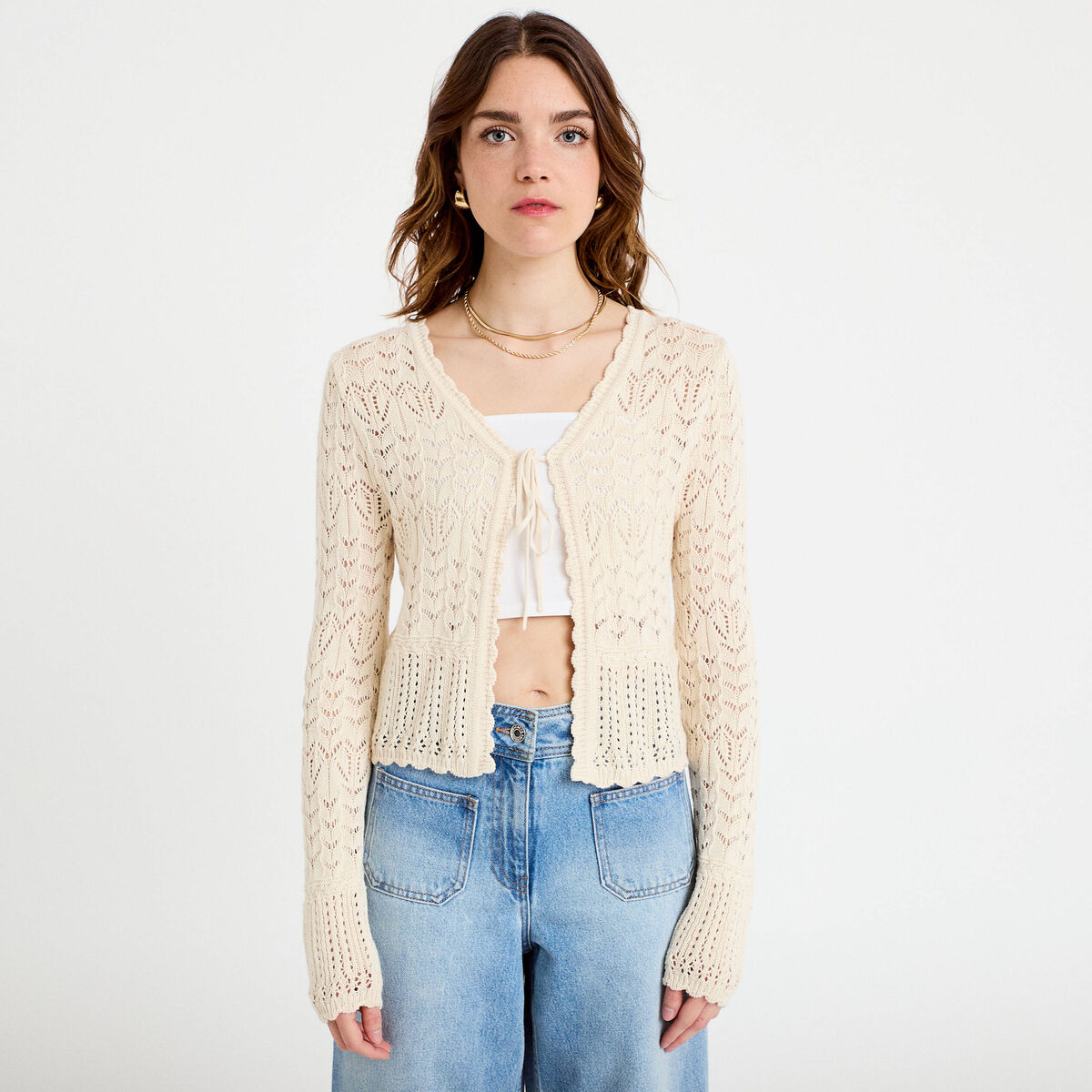 Gilet ajour&eacute; cintr&eacute; manches longues sable femme