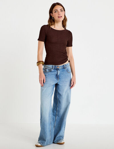 T-shirt col rond manches courtes bijou marron fonc&eacute; femme