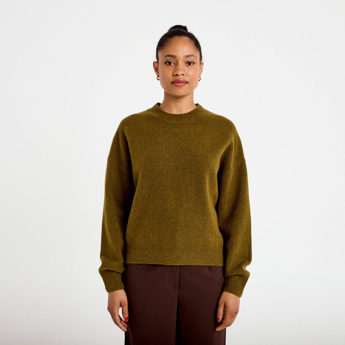 Pull col rond vert olive femme