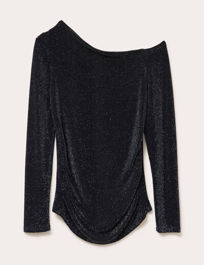 T-shirt asym&eacute;trique brillant noir femme