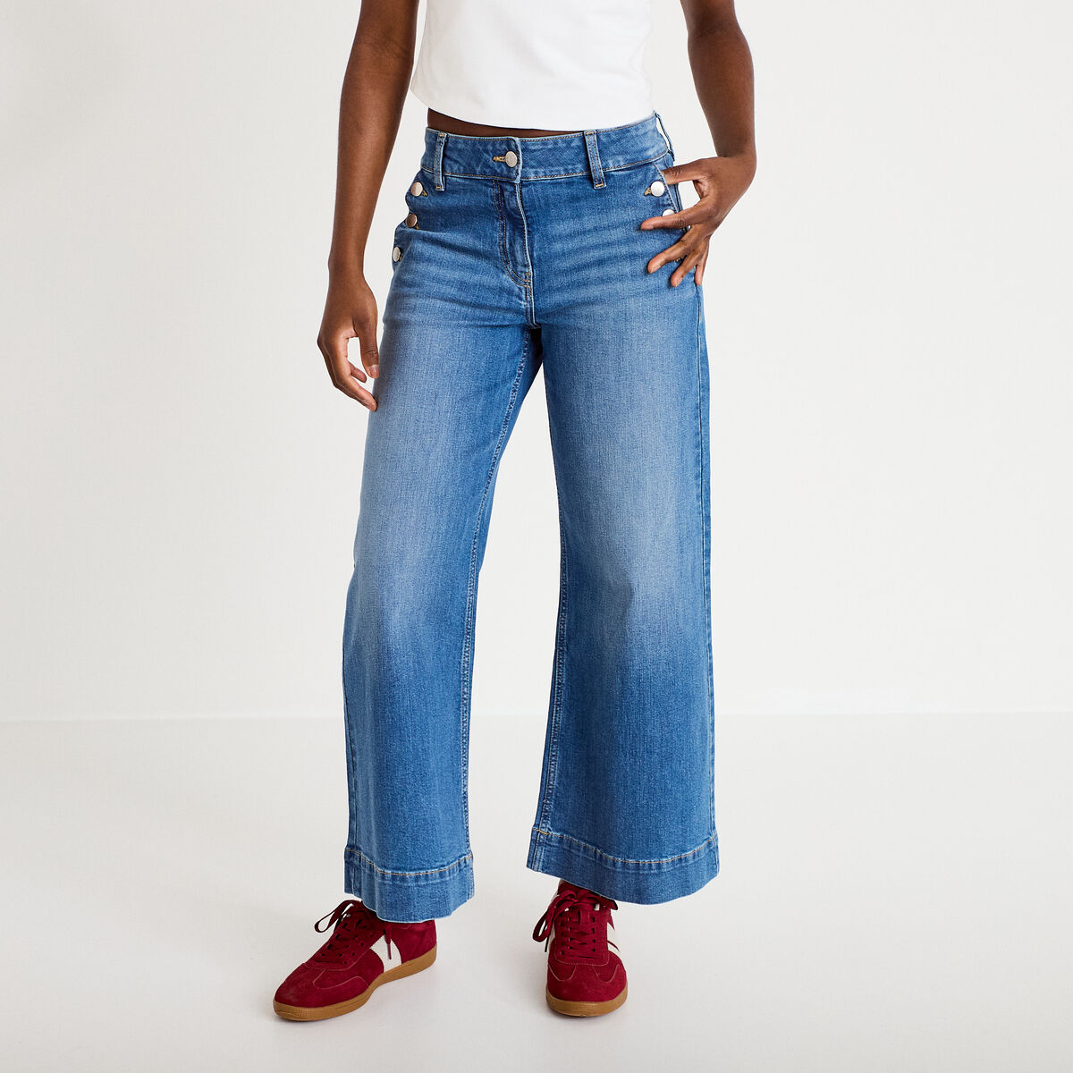 Jean wide leg cropped taille haute denim double stone femme