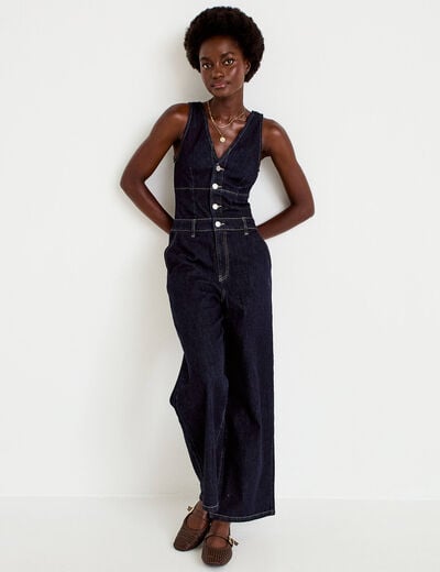 Combinaison jean large sans manches denim brut femme