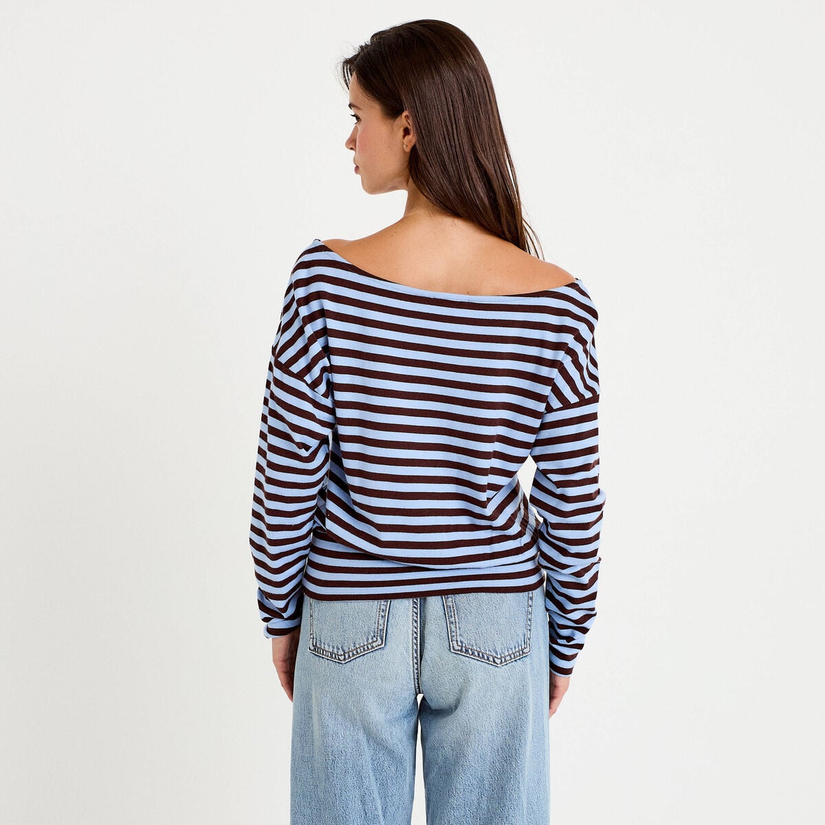 T-shirt col bateau manches longues bleu femme
