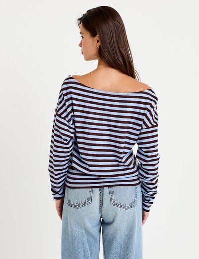 T-shirt col bateau manches longues bleu femme