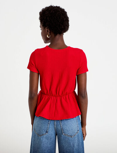 Blouse droite col v manches courtes rouge femme