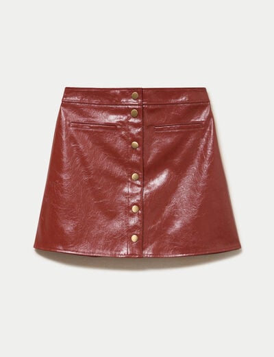 Jupe trap&egrave;ze courte en similicuir marron cognac femme