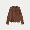 Blouse droite manches longues pliss&eacute;e marron femme