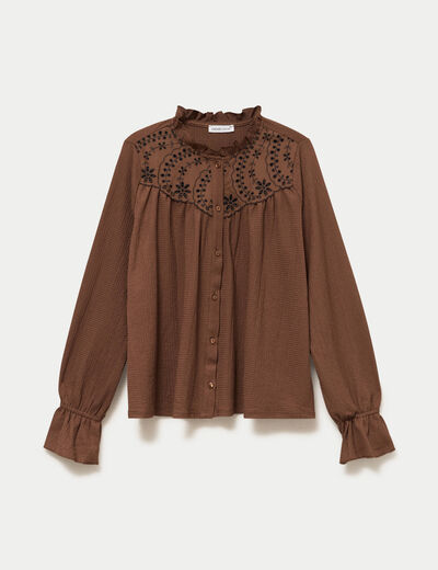 Blouse droite manches longues pliss&eacute;e marron femme