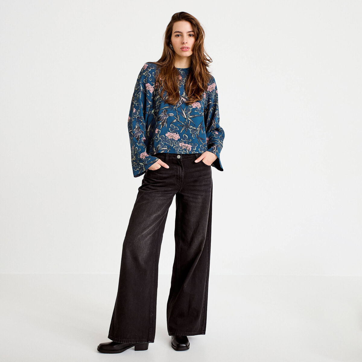 Blouse manches longues encolure bateau bleu p&eacute;trole femme