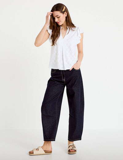 Blouse ajour&eacute;e col v manches courtes ecru femme