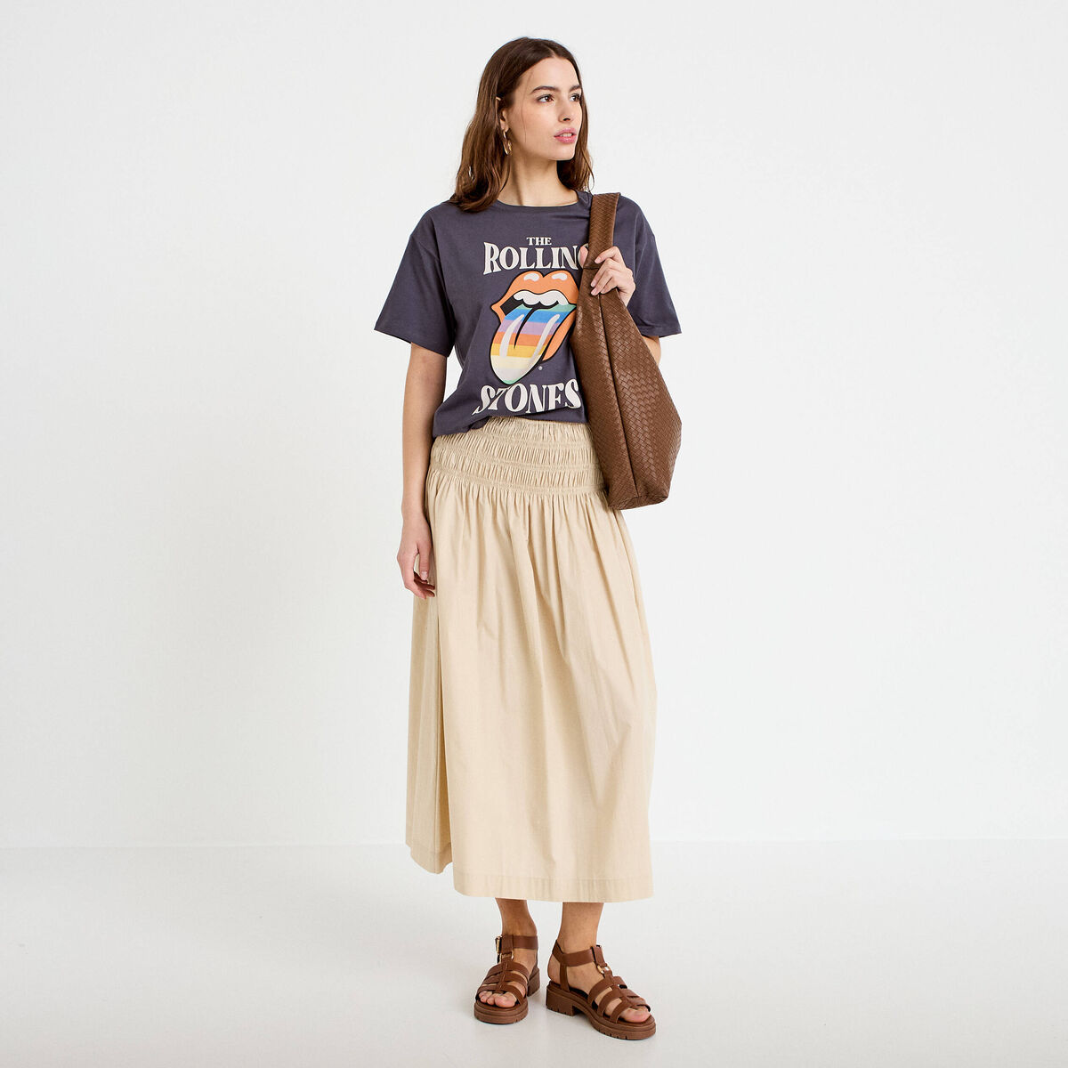Jupon &eacute;vas&eacute; taille smock&eacute;e beige femme